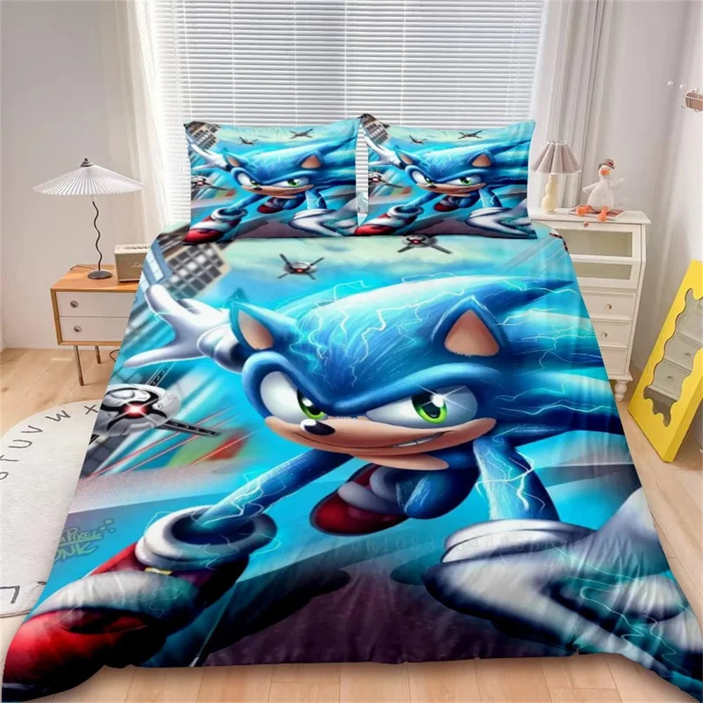 Cartoon-Bettbezug-Set, weiche Baumwoll-Bettwäsche, S-Sonic-S Film H-HedgehogS, 2/3-teiliges Set, für alle Jahreszeiten, Studentenwohnheim