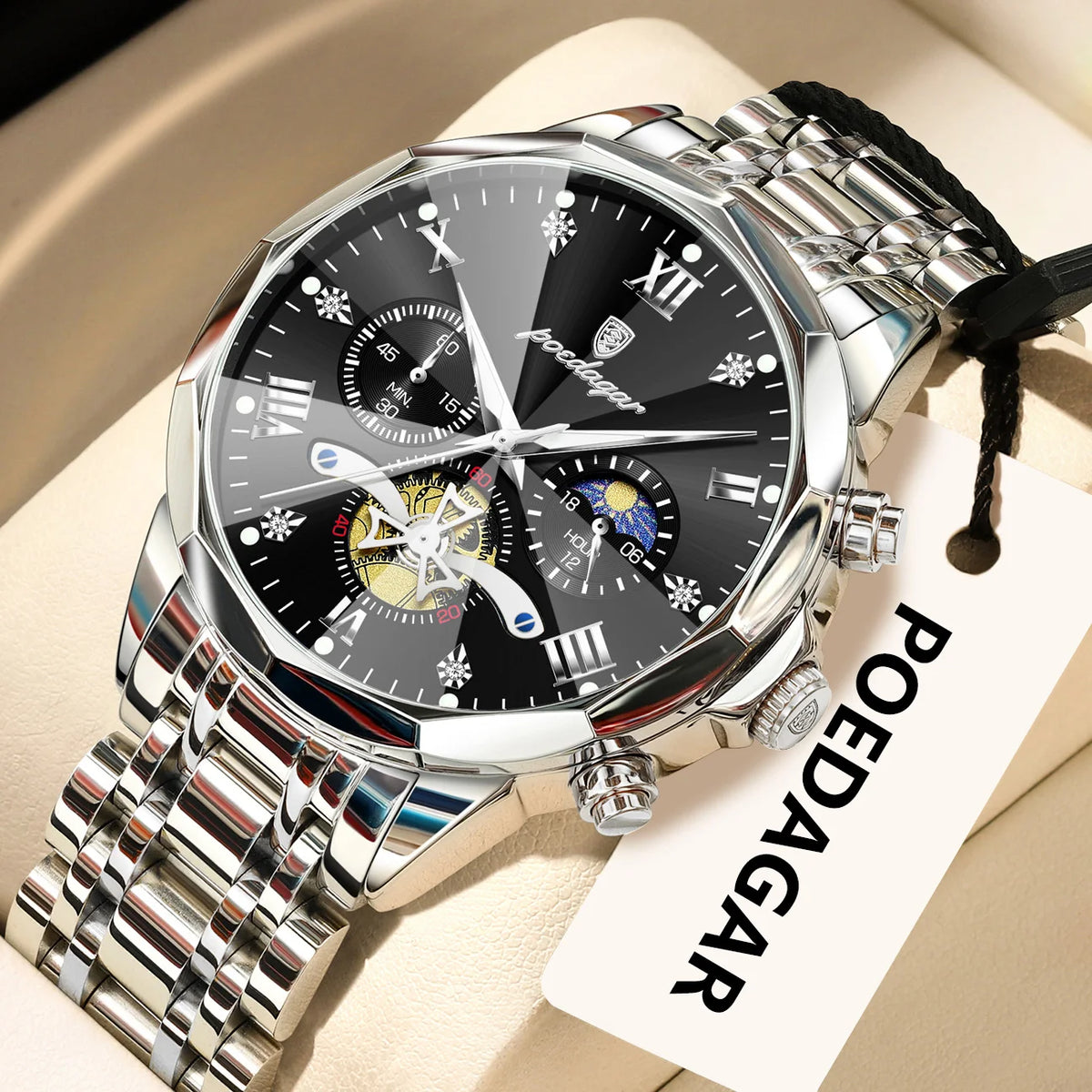 Reloj de lujo original para hombre POEDAGAR, resistente al agua, cronógrafo luminiscente, reloj de pulsera de acero inoxidable con mecanismo de cuarzo, relojes de alta gama para hombre
