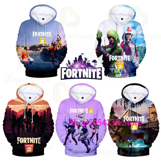 Sweatshirts com Capuz Fortnite Temporada 2 para Rapazes e Crianças, Casuais em Poliéster, com Estampado Cartoon de Heróis de Jogo de Batalha, Pullovers de Outono para Raparigas