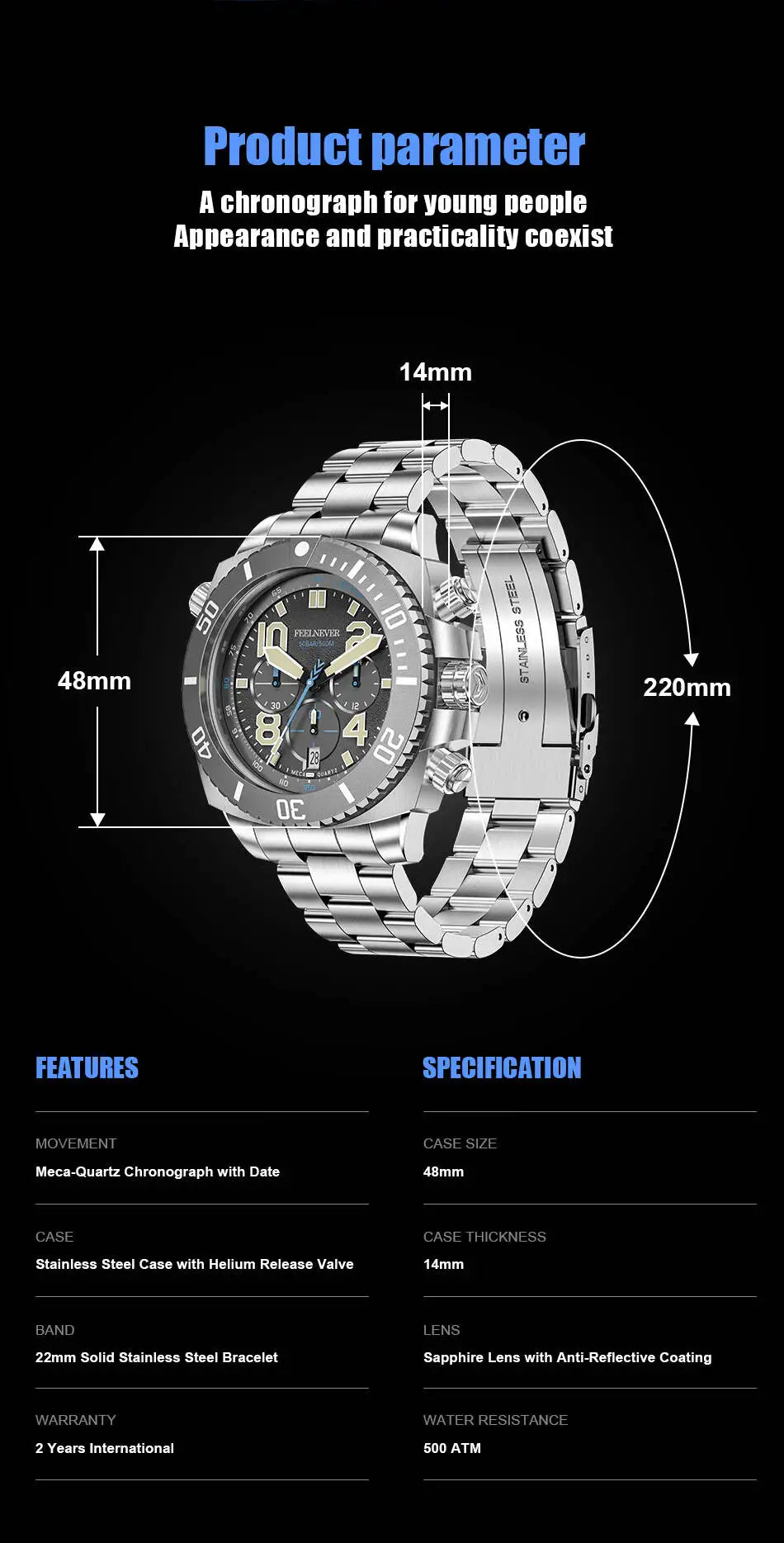 FeelNever Sport Automatic Movement Quartz Watch Stainless Steel Sapphire Crystal Watches Men 500M Waterproof Clocks Reloj Hombre