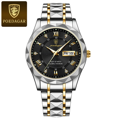 Reloj de hombre POEDAGAR Business Luxury, resistente al agua, de acero inoxidable, luminiscente, con fecha y día de la semana, estilo deportivo, de cuarzo.