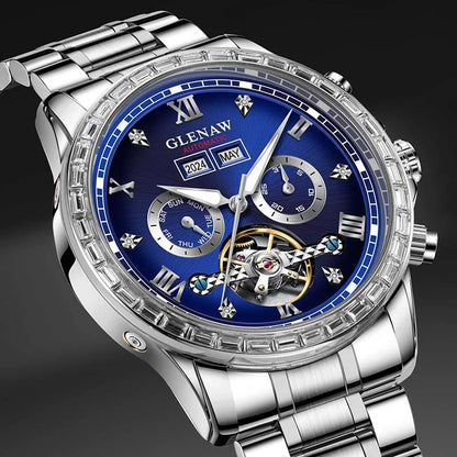 Reloj mecánico multifunción GLENAW – Modelo para hombre, estilo ejecutivo y desenfadado, correa de acero inoxidable, resistente al agua, con calendario – Reloj de lujo