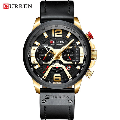 CURREN 8329 herreur – Afslappet sportsstil, militærinspireret design, læderrem, trendy kronograf, luksusur fra et kendt mærke