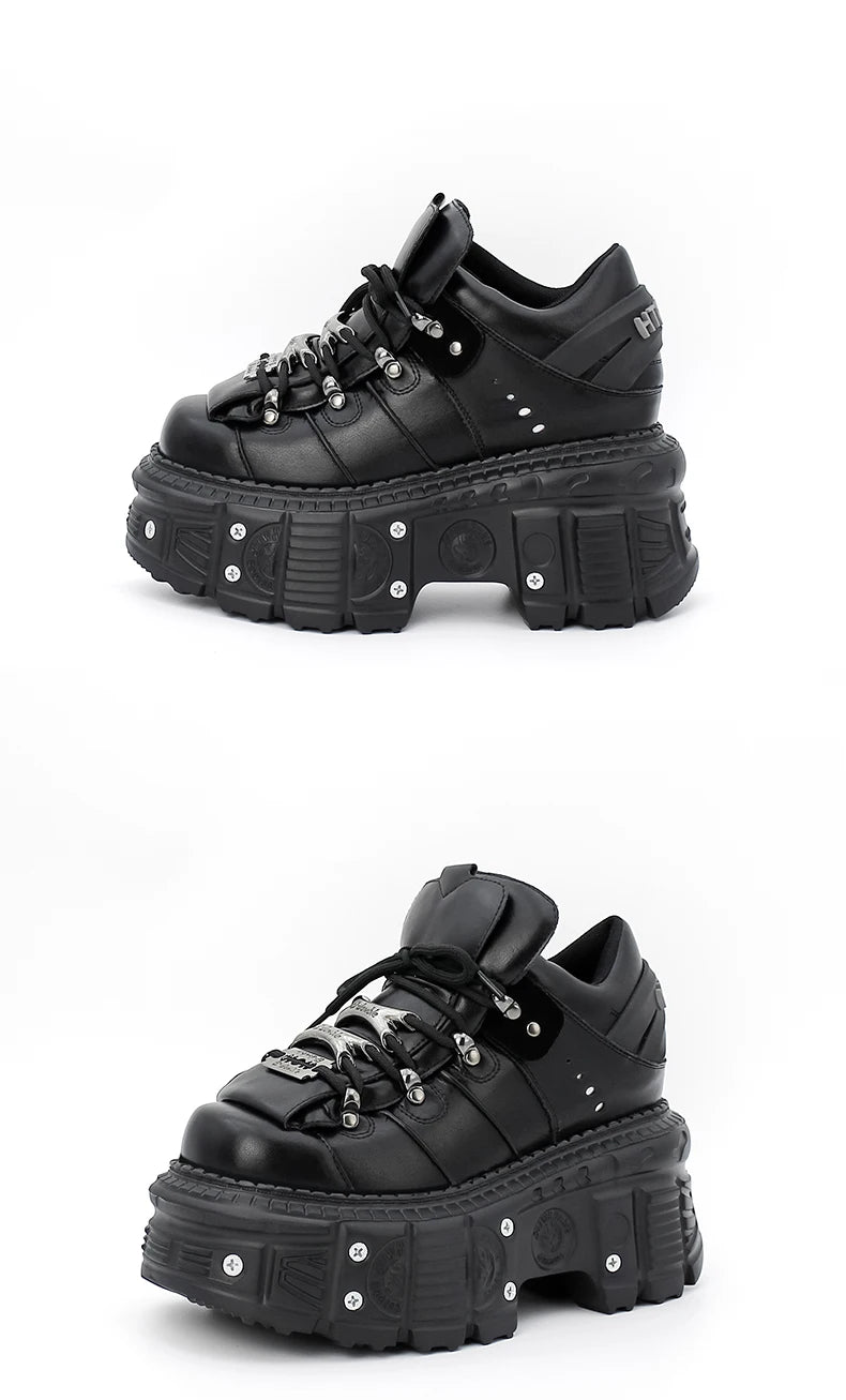 Damskor i punkstil, snörning, klackhöjd 6 cm, platåskor, gotiska ankelstövlar för kvinnor, rockstövlar, metalldekor, damsneakers