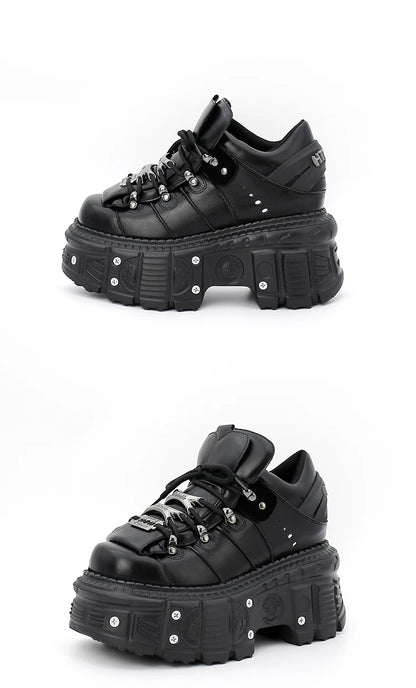 Damskor i punkstil, snörning, klackhöjd 6 cm, platåskor, gotiska ankelstövlar för kvinnor, rockstövlar, metalldekor, damsneakers