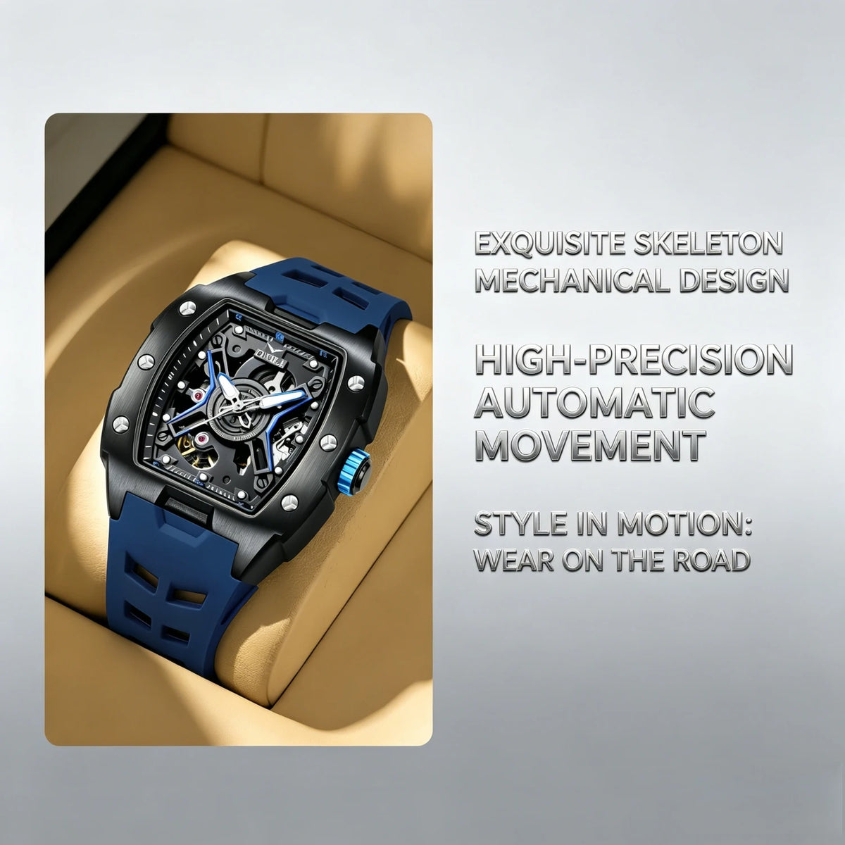 ONOLA Men's Rose Gold Automatic Mechanical Watch Silicone Strap Waterproof Luminous Hollow Dial Watch