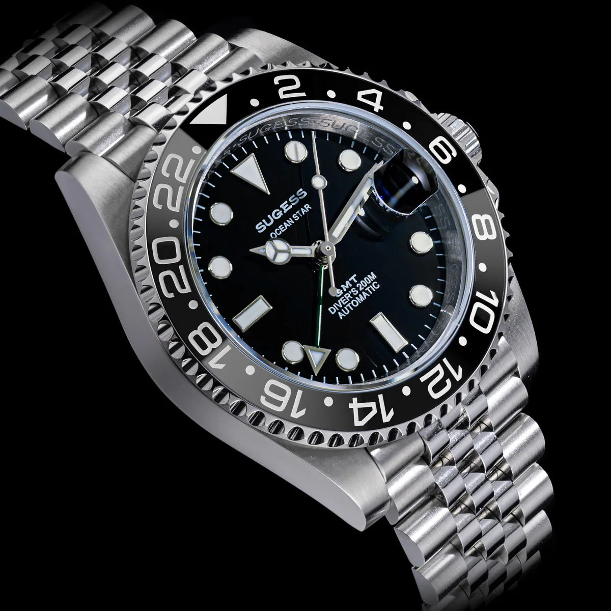 Sugess GMT Diving Watch of Men Automatic Mechanical Waterproof Wristwatches Peacock SL3032 Movement Ceramic Bezel Jubille Band