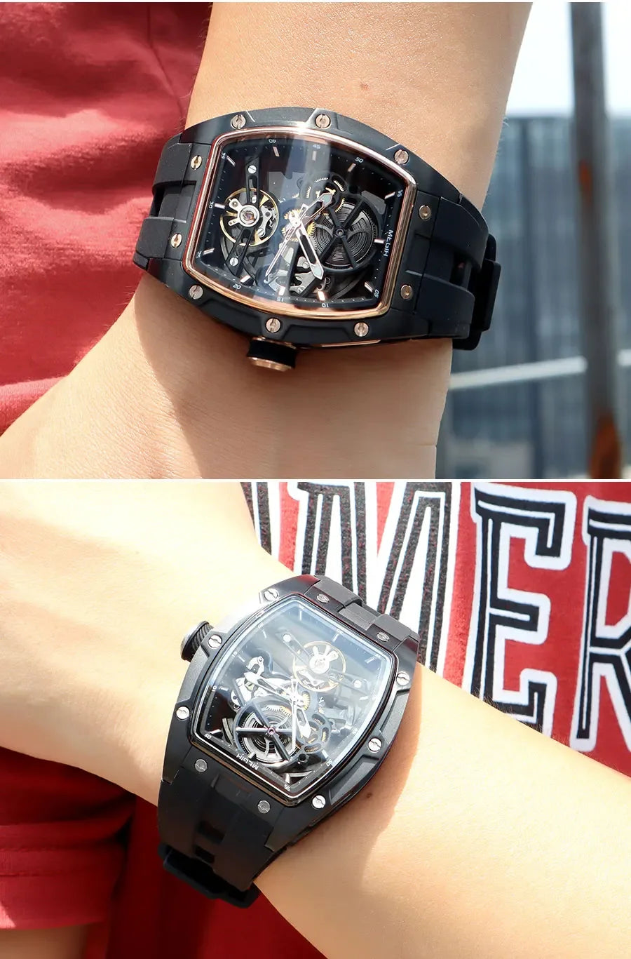 Relógio de pulso automático MEGIR para homem, com bracelete em silicone preto, impermeável, luminoso, desportivo e mecânico, com mostrador tonneau 2242