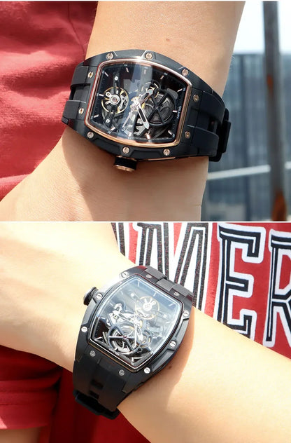 Relógio de pulso automático MEGIR para homem, com bracelete em silicone preto, impermeável, luminoso, desportivo e mecânico, com mostrador tonneau 2242