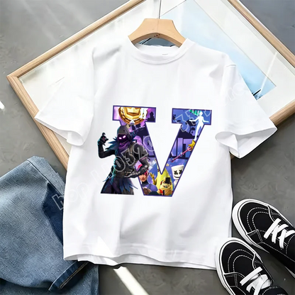 Fortnite A-Z Alphabet Print T Shirt Summer Kids White Clothing Popular Cartoon Game T Shirt Fashion Casual Short Sleeve Top Gift