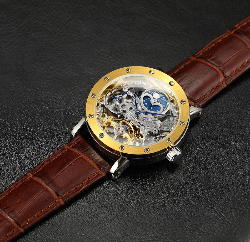 Męski zegarek na rękę SKROX z mechanizmem automatycznym, model szkieletowy z funkcją GMT, fazami księżyca i tourbillonem – elegancki i oryginalny zegarek luksusowy z najwyższej półki.