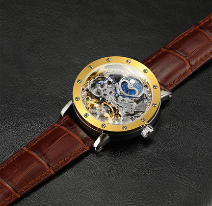 Męski zegarek na rękę SKROX z mechanizmem automatycznym, model szkieletowy z funkcją GMT, fazami księżyca i tourbillonem – elegancki i oryginalny zegarek luksusowy z najwyższej półki.