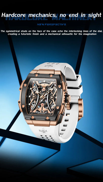OUPINKE Men's Watches Classic Luxury Tonneau Dial Top Brand Original Automatic Mechanical Wristwatch Silicone Strap Sapphire New