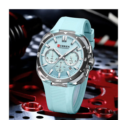 Herrenuhr CURREN – Neues Luxusmodell mit Quarzwerk, Silikonarmband, sportlichem Design, multifunktional, wasserdicht, beleuchtet, mit Datumsanzeige und Stoppuhr.