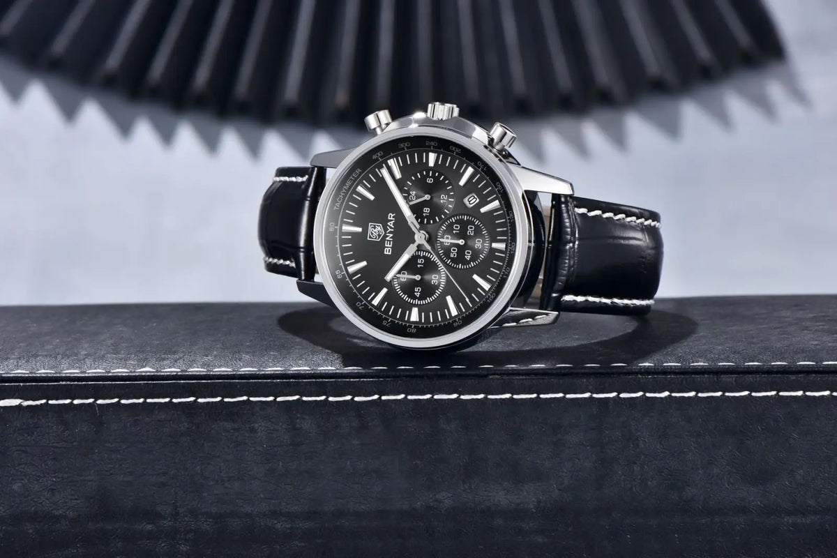 Reloj de lujo para hombre Benyar: cronógrafo con fecha, correa de piel, resistente al agua, luminiscente, estilo deportivo y militar, reloj de cuarzo