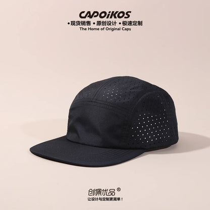 Op maat gemaakt logo, effen kleur, vijfpanelen, sneldrogende baseballpet voor heren en dames, van mesh, ademend, geschikt voor kamperen, sport en skateboarden