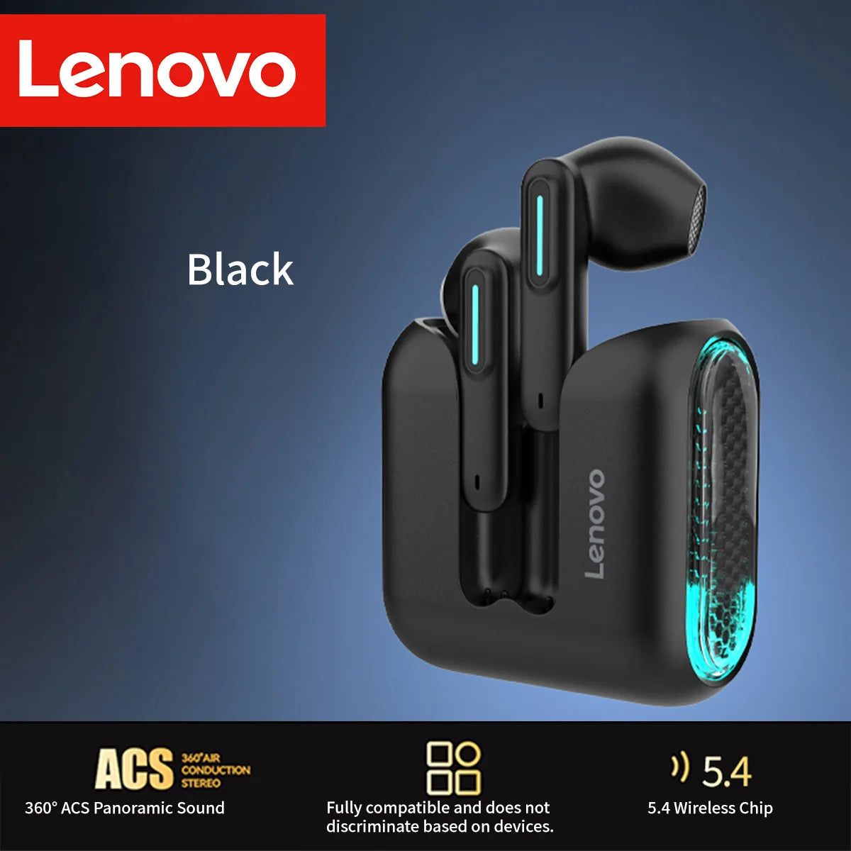 Écouteurs sans fil Lenovo EA189 Bluetooth 5.4 TWS, boîtier de charge transparent LED, son stéréo HiFi, micro ENC, écouteurs sportifs, écouteurs de jeu