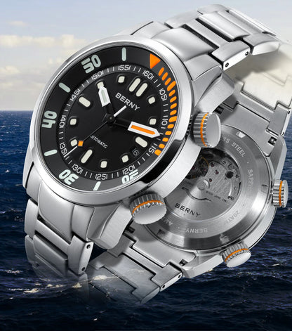 BERNY Automatic Dive Watch for Men Super Luminous 20ATM Diver Wristwatch Original Top Sapphire Swim Sport Mechanical Male Watch