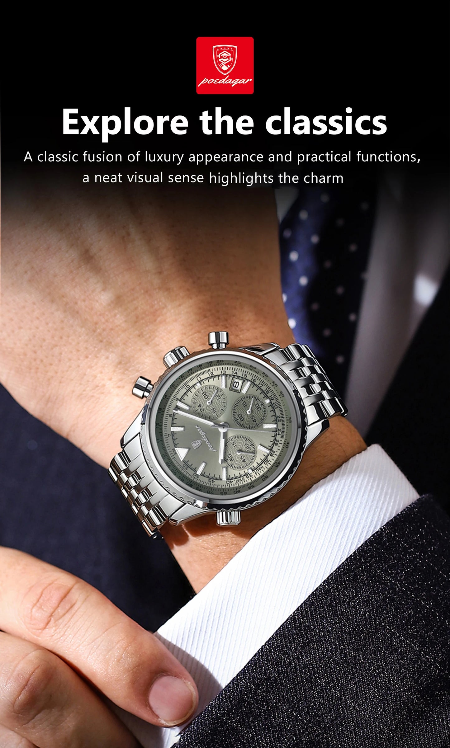 POEDAGAR Fashion Men's Quartz Watch Stainless Steel Waterproof Luminous Man Watch Chronograph Date Multifunction Watches For Men