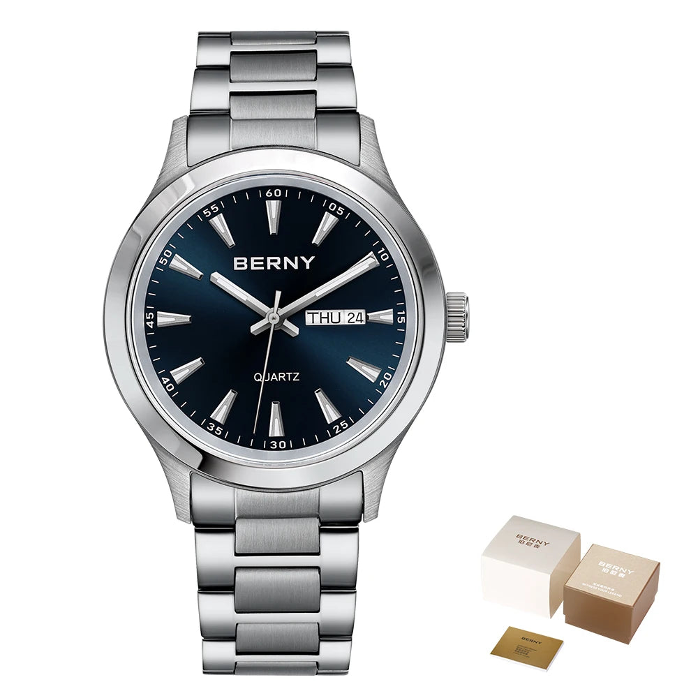 BERNY Men Quartz Watch  Fashion Texture Wristwatch for Men Ultra Thin Men Watch Calendar Luminous Stainless Steel Dress Watches