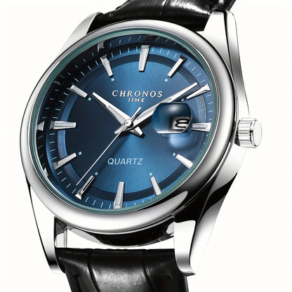 CHRONOS Men Classic Quartz Wrist Watch with Calendar Luminous Dial Leather Strap Casual Business Leisure Outdoor Sports Watches