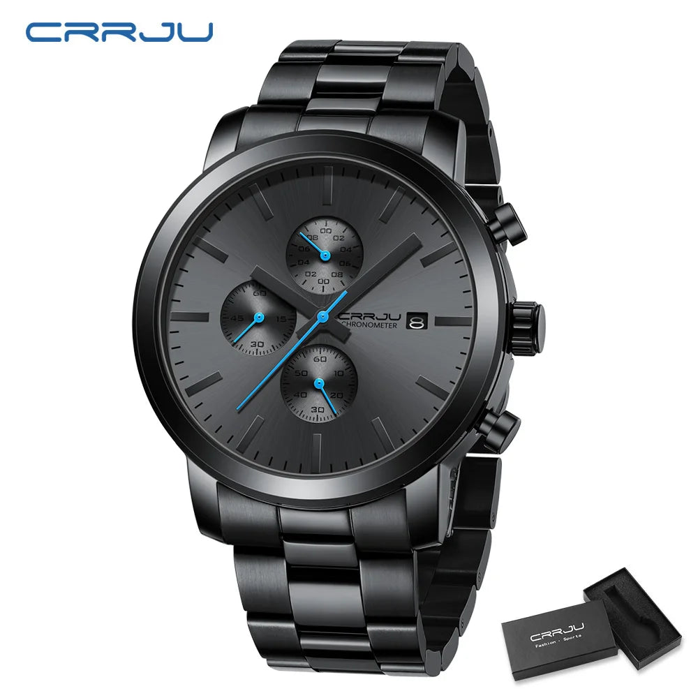 Herrenuhr CRRJU – Chronograph aus Edelstahl, wasserdicht, mit Datumsanzeige, analogem Quarzwerk, eleganter und professioneller Stil
