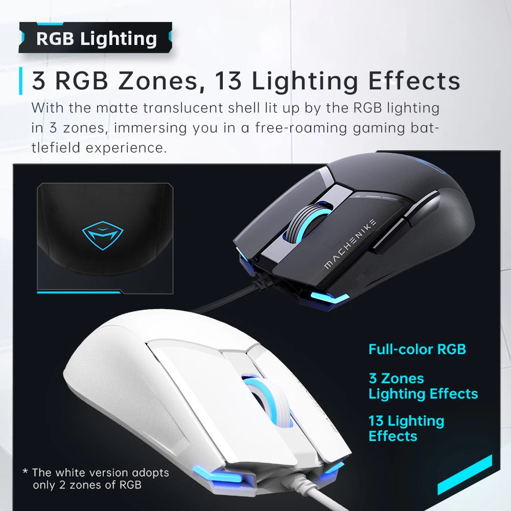 Rato Gaming com Fio Machenike M7Pro USB Instant A825 12800DPI 1000Hz 7 Botões 65g RGB para Portátil e PC