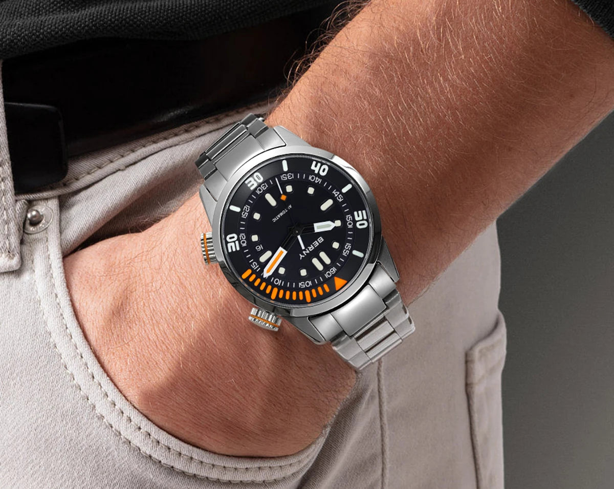 BERNY Automatic Dive Watch for Men Super Luminous 20ATM Diver Wristwatch Original Top Sapphire Swim Sport Mechanical Male Watch