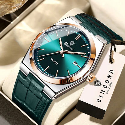 Montre-bracelet à quartz de luxe BINBOND pour homme – Étanche, lumineuse, avec date automatique – Style professionnel, sportif, tendance et décontracté – Bracelet en cuir