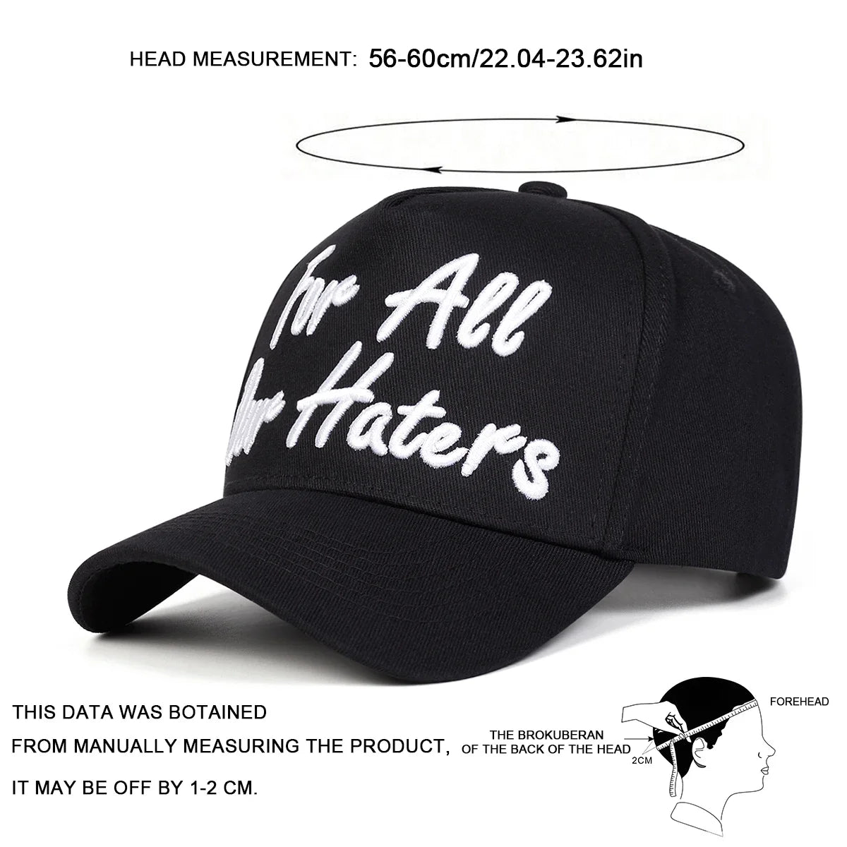 Czapki z daszkiem unisex z haftem „FOR ALL OUR HATERS” – wiosna, jesień, na świeżym powietrzu, regulowane, codzienne, chroniące przed słońcem, czapki sportowe