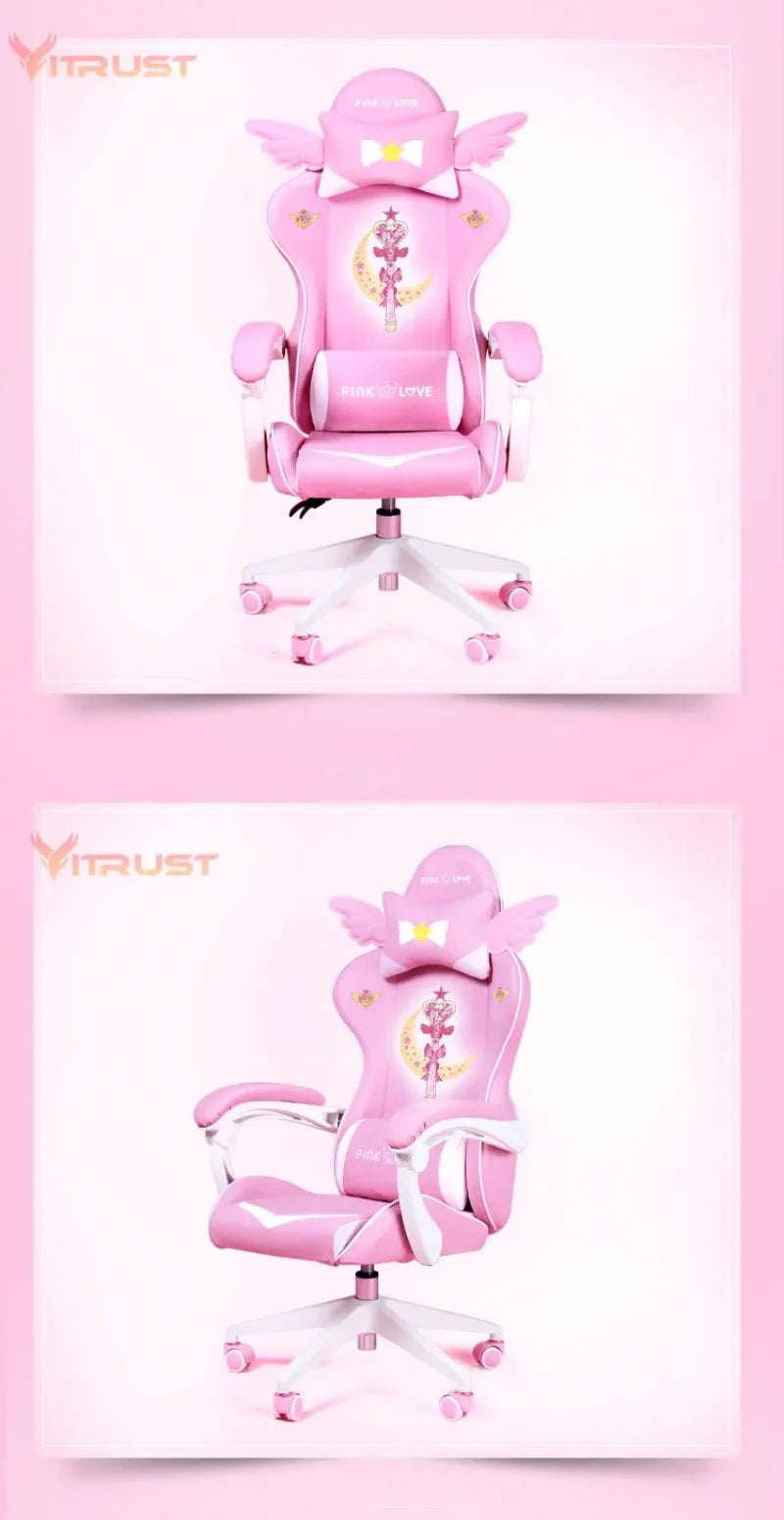 Pink Gaming Chair for Girls, Cute Comfortable Gaming Chair with Armrests, Swivel Height Adjustable Gamer Chair for Bedroom, Office & Streaming
