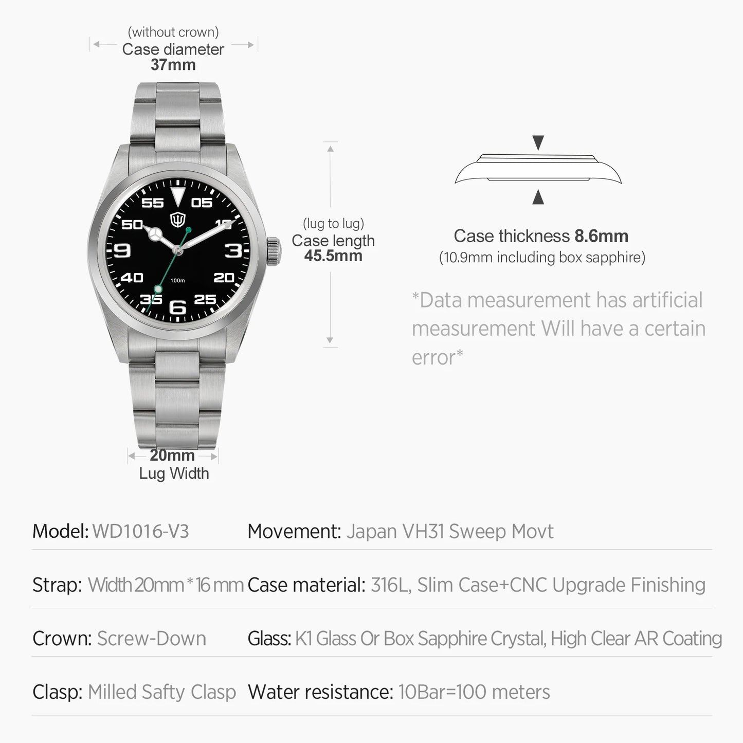 Relógio Watchdives WD1016 V3 37mm com movimento VH31 Sweep em aço inoxidável, safira de luxo, impermeável 100m, relógio para homem com caixa de oferta