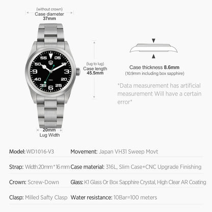 Relógio Watchdives WD1016 V3 37mm com movimento VH31 Sweep em aço inoxidável, safira de luxo, impermeável 100m, relógio para homem com caixa de oferta