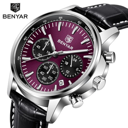Reloj de lujo para hombre Benyar: cronógrafo con fecha, correa de piel, resistente al agua, luminiscente, estilo deportivo y militar, reloj de cuarzo