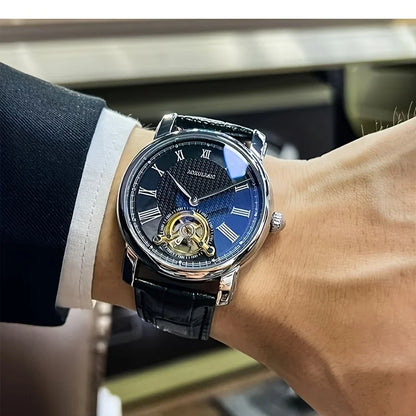Mechanische Automatikuhr für Herren – Elegantes Ajour-Design, trendiger „Business-Casual“-Stil, Gehäuse aus Metalllegierung und Lederarmband, batterielos