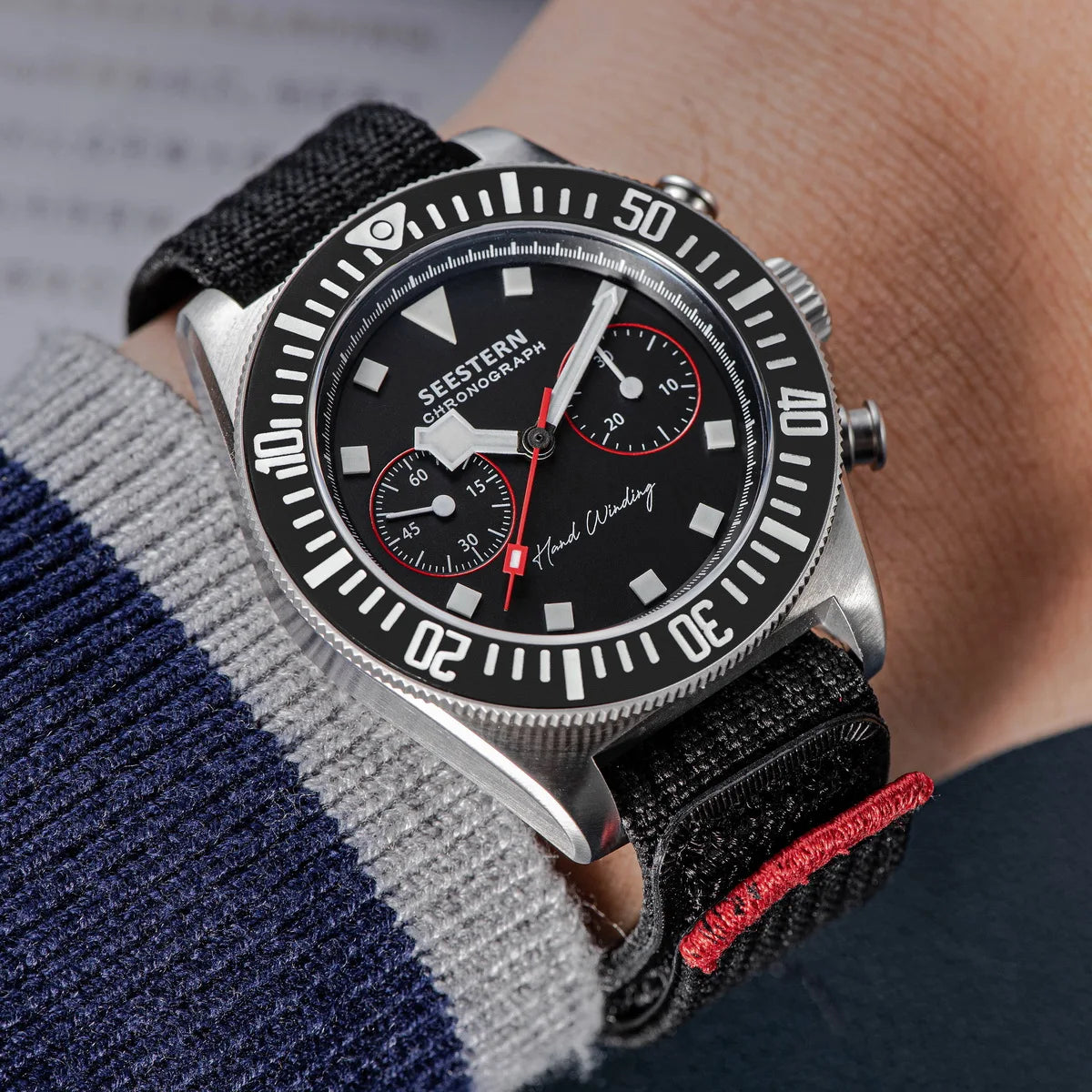 Cronógrafo SEESTERN para homem com movimento mecânico Tianjin ST1901, vidro de safira, bracelete de nylon, autocolante, luminoso, esqueleto