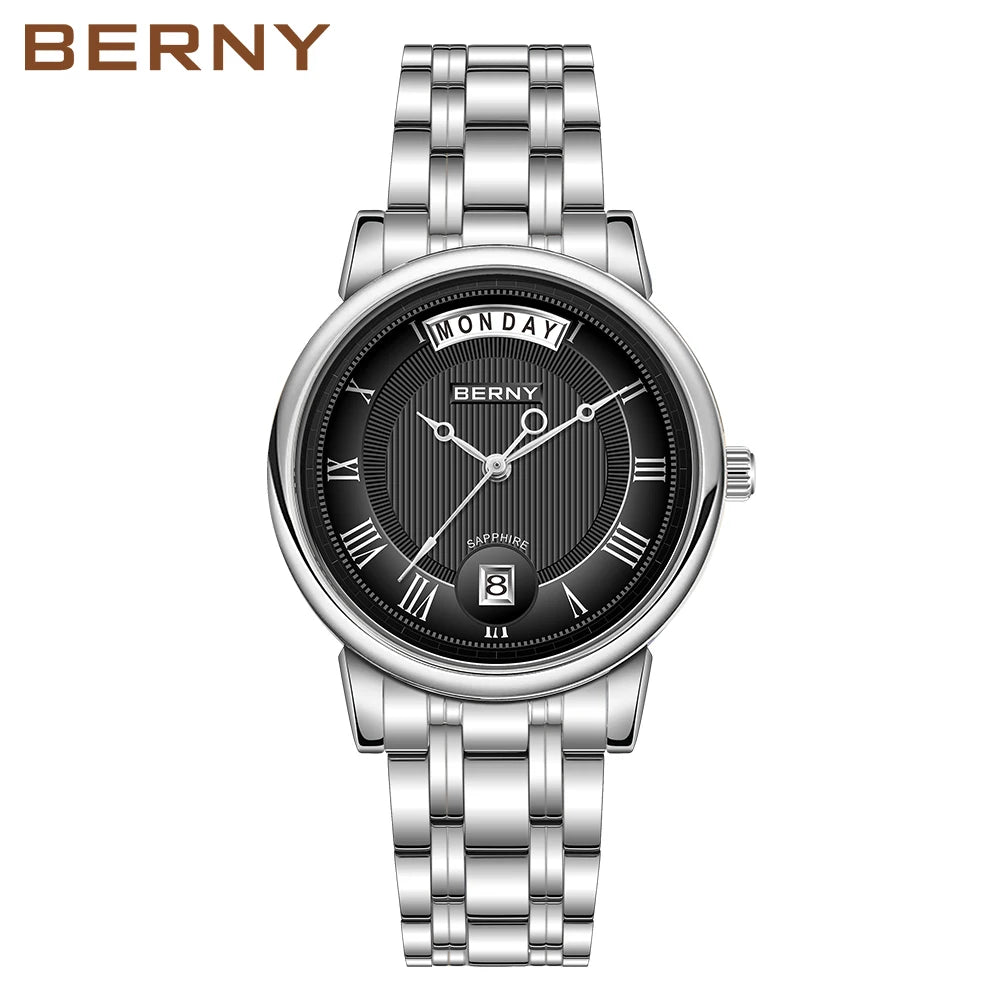 BERNY Women Watch Ladies Quartz Roman Numerals Day Top Calendar Watches Sapphire Glass Solid Steel Strap Women Wristwatch