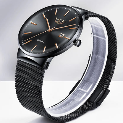 LIGE Herrenuhr, elegantes und luxuriöses Modell, ultraflach, wasserdicht, mit Gliederarmband, Quarzwerk, Datums- und Kalenderanzeige – ideal für einen professionellen Look.
