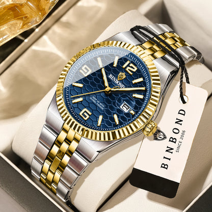 Montre-bracelet à quartz de luxe BINBOND, lumineuse, étanche, date automatique, pour homme, en acier, style business, sport, mode et décontracté.