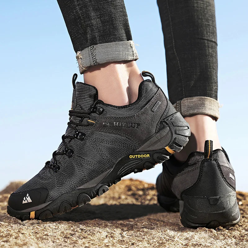 HIKEUP Four-Season Men's Hiking Shoes Outdoor Sports Genuine Leather Wear-Resistant Climbing Shoes Rubber Sole Trekking Sneaker