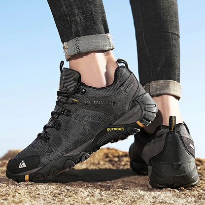 HIKEUP Four-Season Men's Hiking Shoes Outdoor Sports Genuine Leather Wear-Resistant Climbing Shoes Rubber Sole Trekking Sneaker