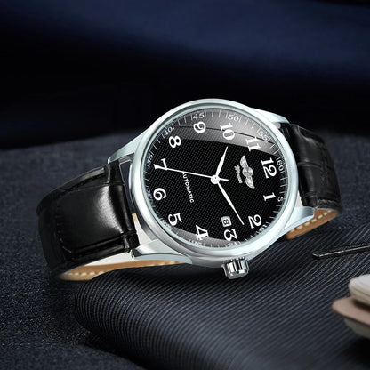 Montre classique pour homme – Style rétro avec calendrier et aiguilles bleues, mouvement mécanique automatique, marque de prestige, boîtier en acier et bracelet en cuir