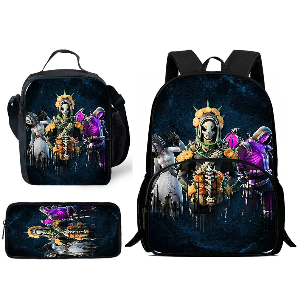 Klassisches FortniteS-Schulrucksack-Set für Kinder mit Lunchtasche und Federmäppchen, große Kapazität, für Jungen und Mädchen, ideales Geschenk