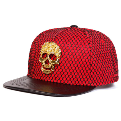 Skull Baseball Cap - Alloy Rhinestone PU Leather Brim Flat Cap, Hip-Hop Street Style Hat for Men & Women"