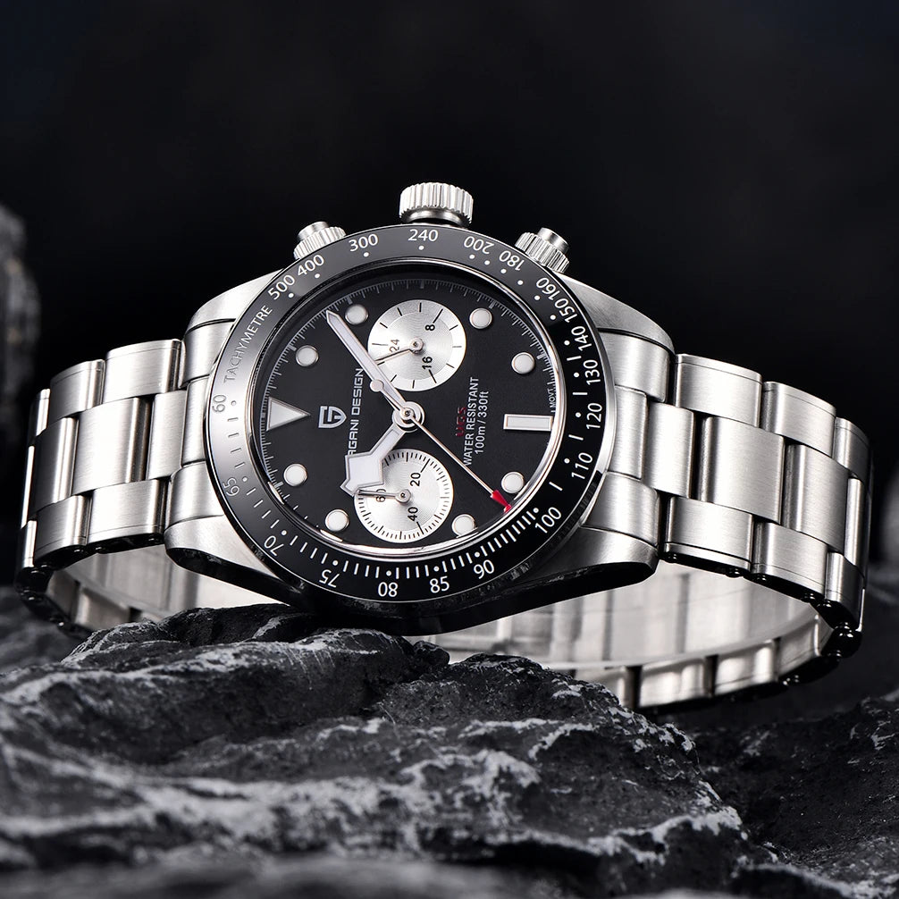 PAGANI DESIGN herreur „Panda“ – Luksus-kvarts-kronograf, vandtæt, safirglas med antirefleksbehandling, selvlysende sportsur