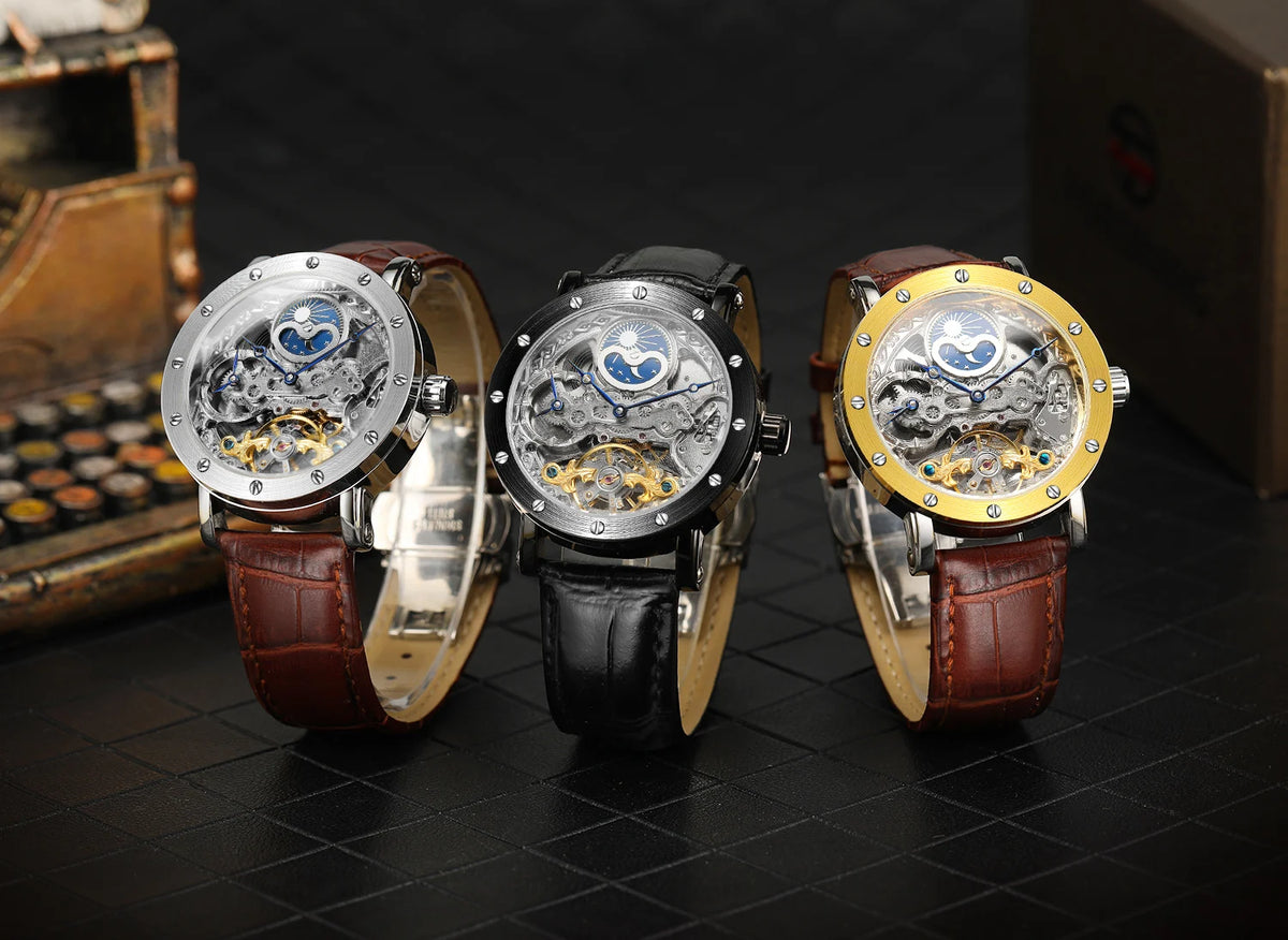 Męski zegarek na rękę SKROX z mechanizmem automatycznym, model szkieletowy z funkcją GMT, fazami księżyca i tourbillonem – elegancki i oryginalny zegarek luksusowy z najwyższej półki.