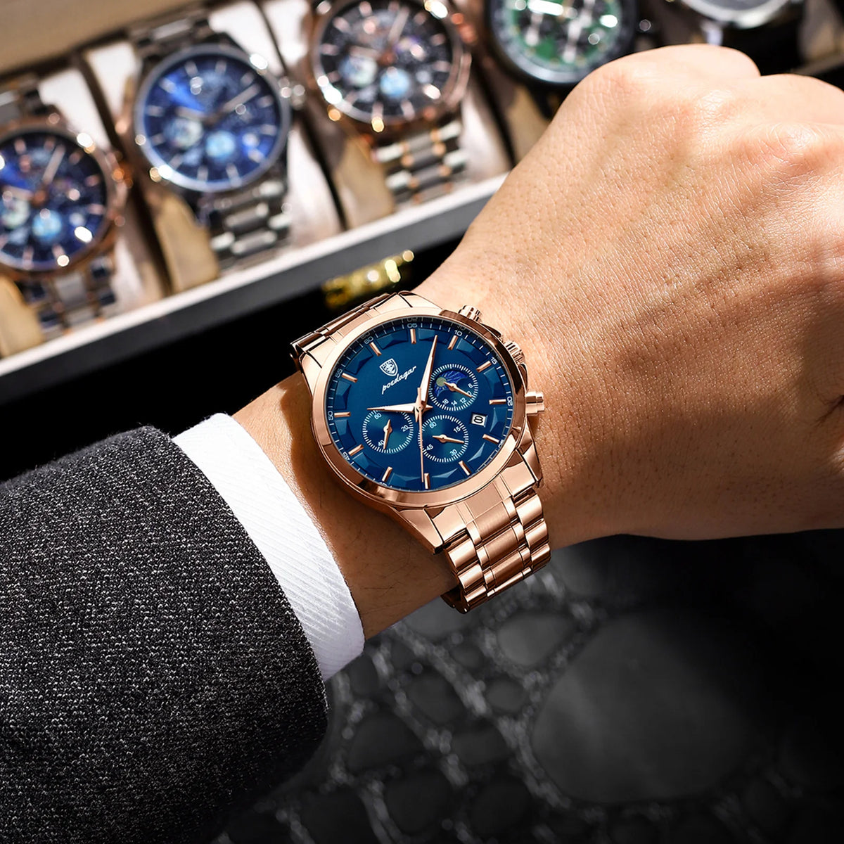 Luxe herenpolshorloge van POEDAGAR, militaire stijl, waterdicht, verlicht, chronograaf, roestvrij staal, quartz, inclusief doos.