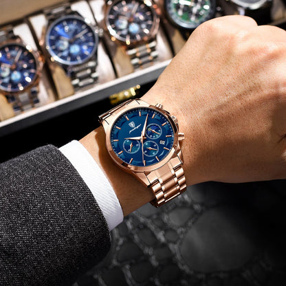 Luxe herenpolshorloge van POEDAGAR, militaire stijl, waterdicht, verlicht, chronograaf, roestvrij staal, quartz, inclusief doos.