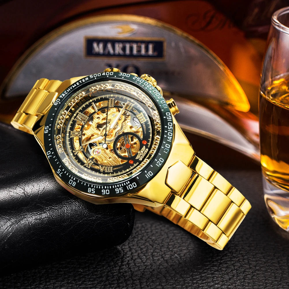 Reloj automático para hombre WINNER: modelo esqueleto transparente, agujas luminiscentes, correa de acero inoxidable, reloj mecánico de marca de lujo