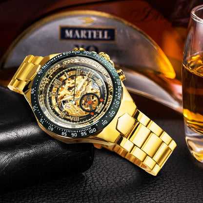 Reloj automático para hombre WINNER: modelo esqueleto transparente, agujas luminiscentes, correa de acero inoxidable, reloj mecánico de marca de lujo